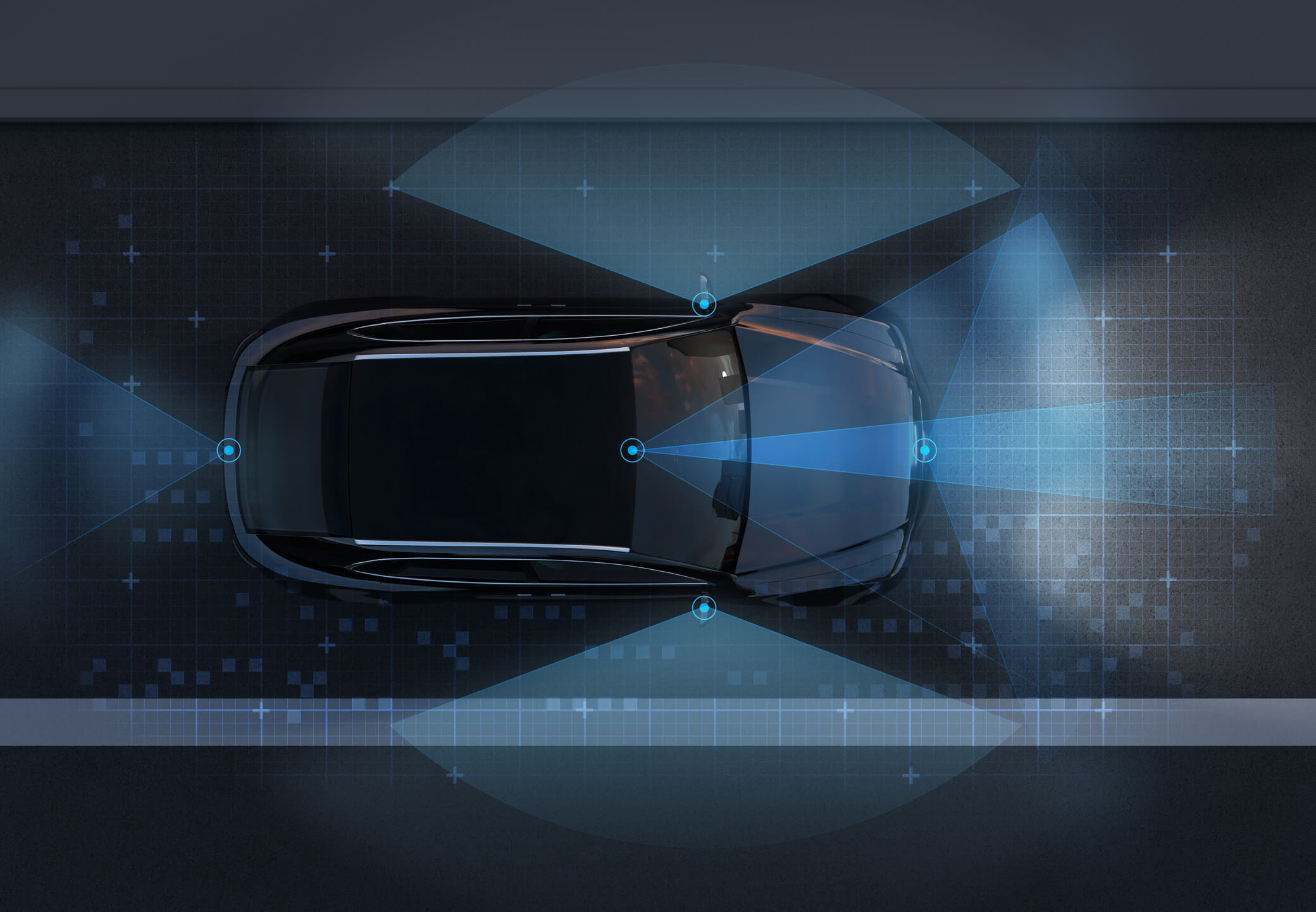 Top view of self-driving SUV on the road with sensing graphic pattern retouched.
